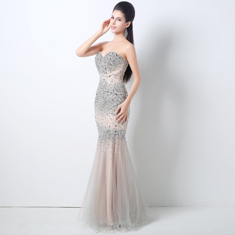 Silver - Embellished Sweetheart Mermaid Long Prom Dress, HY001