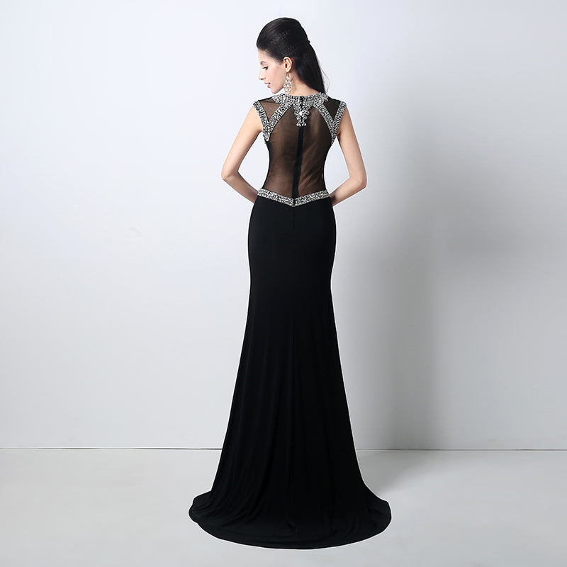 Black Silver - Embellished Sheer - Paneled Mermaid Prom Dress with Slit, HY012