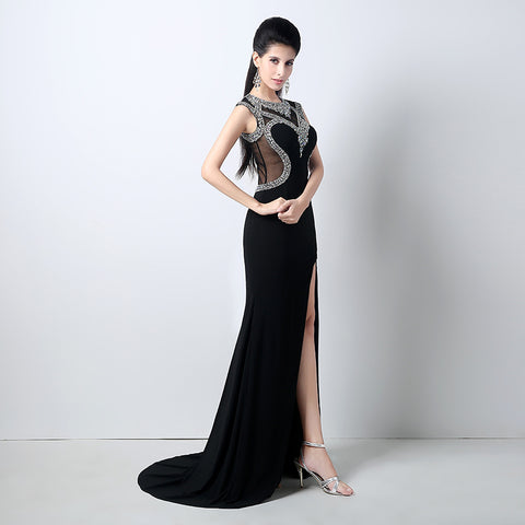 Black Silver - Embellished Sheer - Paneled Mermaid Prom Dress with Slit, HY012