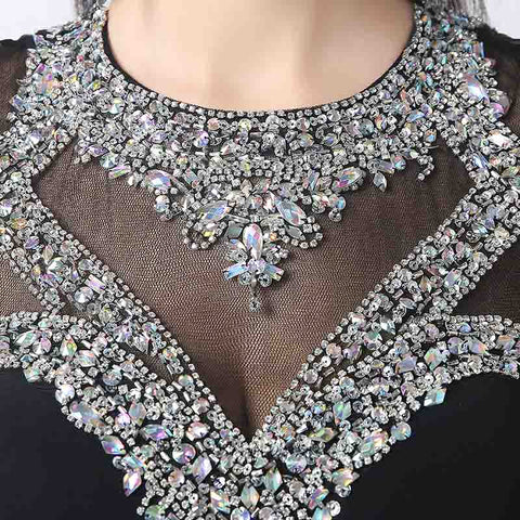 Black Silver - Embellished Sheer - Paneled Mermaid Prom Dress with Slit, HY012