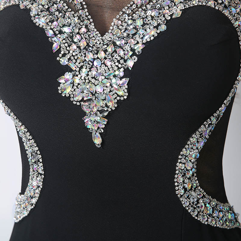 Black Silver - Embellished Sheer - Paneled Mermaid Prom Dress with Slit, HY012