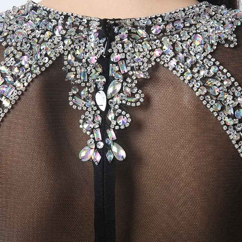 Black Silver - Embellished Sheer - Paneled Mermaid Prom Dress with Slit, HY012