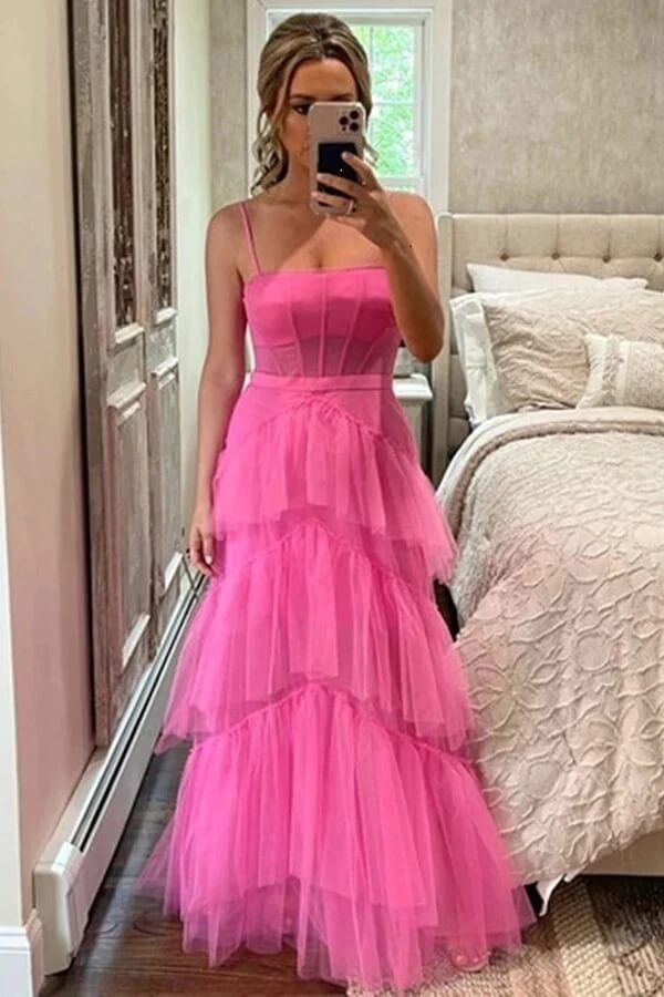 A-line Tiered Tulle Princess Long Formal Prom Dresses