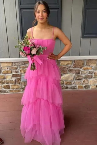A-line Tiered Tulle Princess Long Formal Prom Dresses