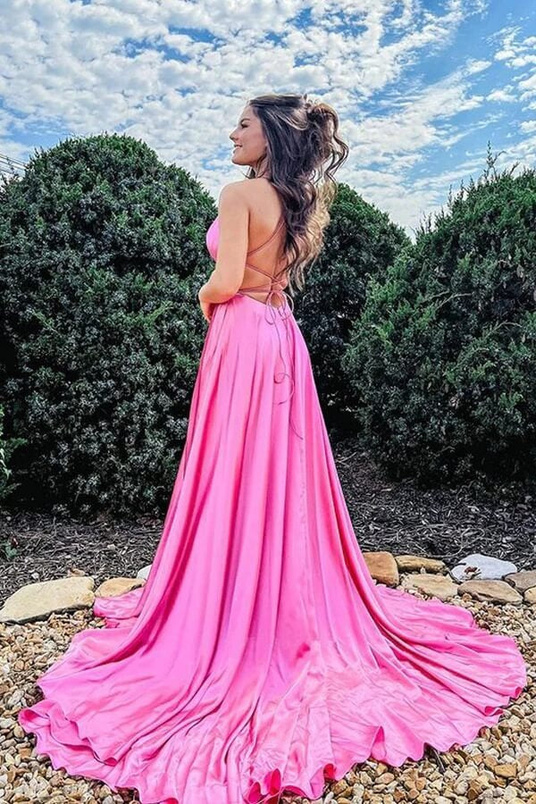 A-line Satin Scoop Long Prom Dresses, Evening Dress With Slit
