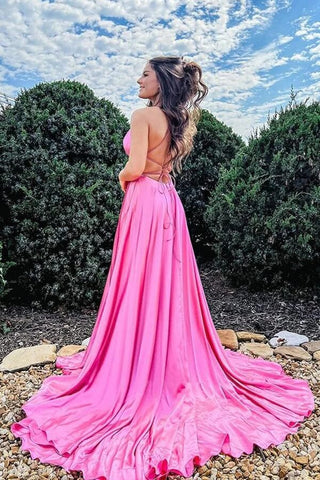 A-line Satin Scoop Long Prom Dresses, Evening Dress With Slit