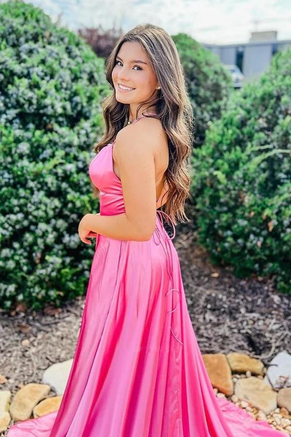 A-line Satin Scoop Long Prom Dresses, Evening Dress With Slit