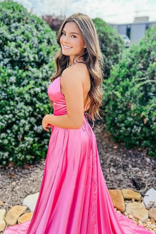 A-line Satin Scoop Long Prom Dresses, Evening Dress With Slit