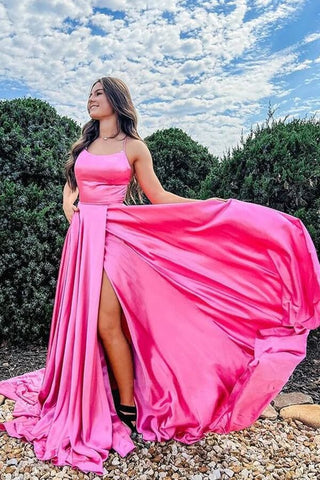 A-line Satin Scoop Long Prom Dresses, Evening Dress With Slit