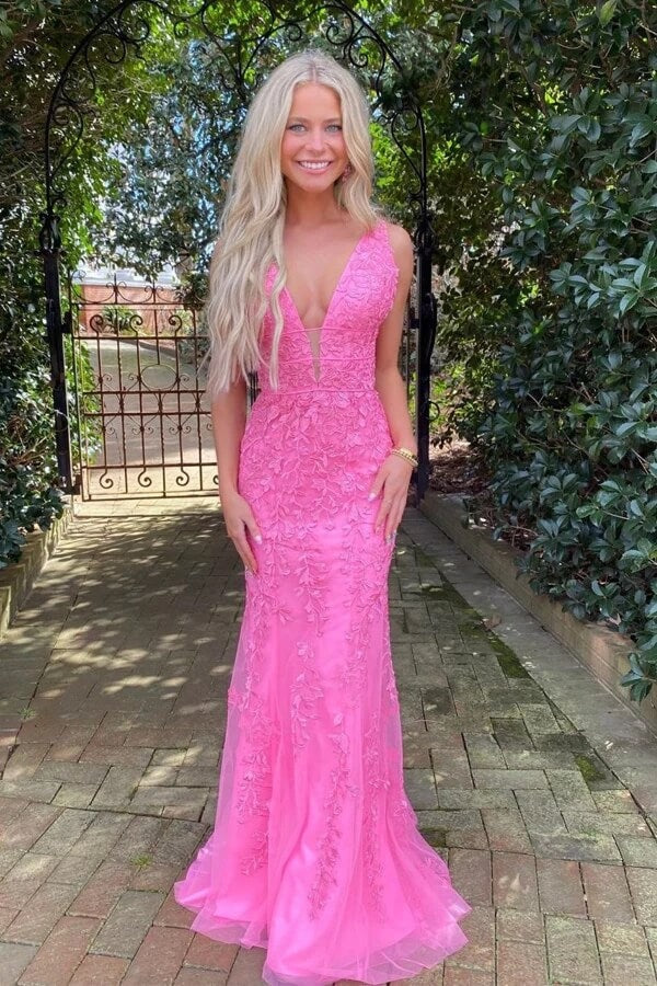 Deep V-neck Tulle Mermaid Prom Dresses With Lace Appliques