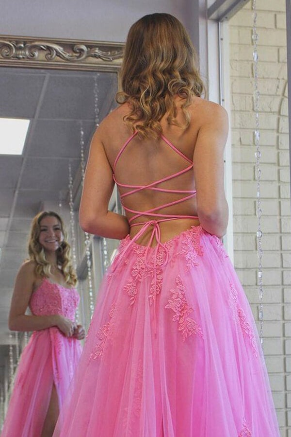 Tulle Split Long  Evening Prom Dress With Lace Appliques