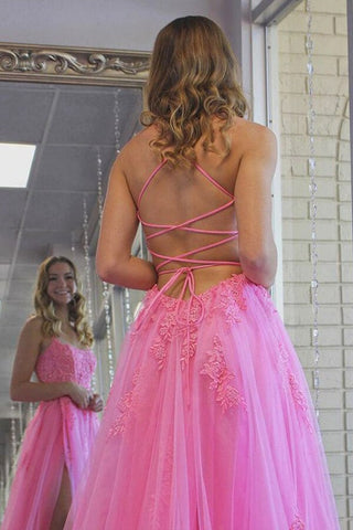 Tulle Split Long  Evening Prom Dress With Lace Appliques