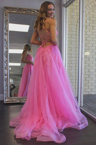 Tulle Split Long  Evening Prom Dress With Lace Appliques