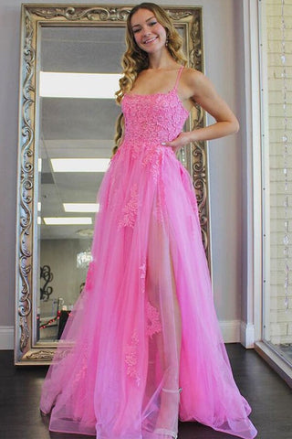 Tulle Split Long  Evening Prom Dress With Lace Appliques
