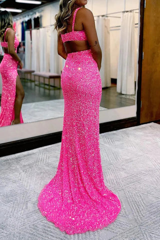 Mermaid Hot Pink Sequins Hollow-Out Prom Dress