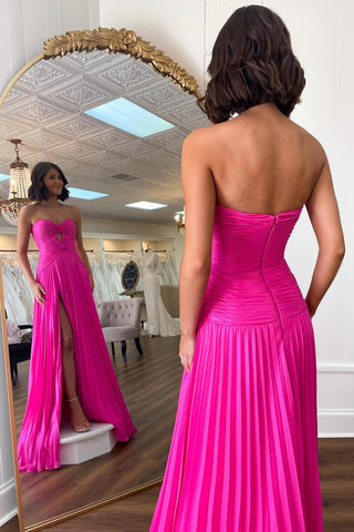 A-Line Hot Pink Strapless Keyhole Pleated Prom Dress