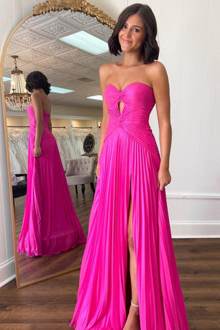 A-Line Hot Pink Strapless Keyhole Pleated Prom Dress