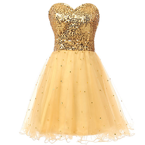 Glamorous Gold Strapless Sequin Tulle Prom Dress, SD032