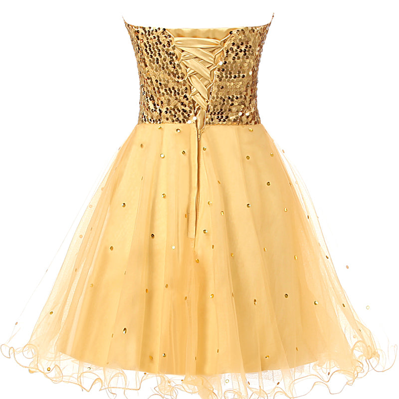 Glamorous Gold Strapless Sequin Tulle Prom Dress, SD032
