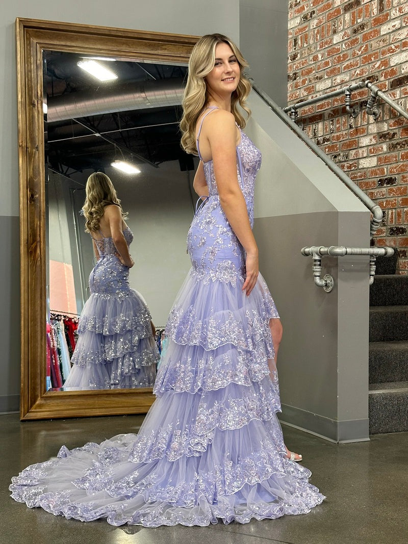 Tiered Lace Sheath One Shoulder  Long Prom Dress