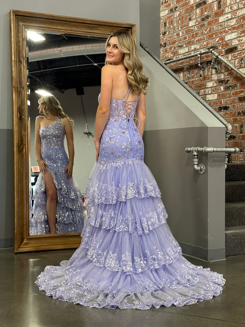 Tiered Lace Sheath One Shoulder  Long Prom Dress