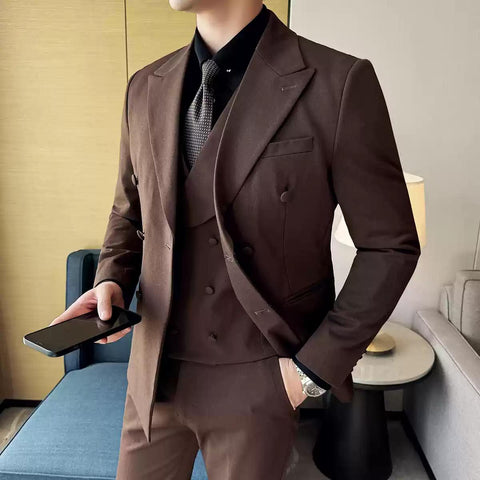Dapper Men's Three - Piece Brown Suit with Double - breasted Blazer , XZ007