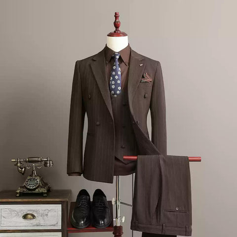 Classic Men's Double - breasted Brown Pinstripe Suit Set , XZ004