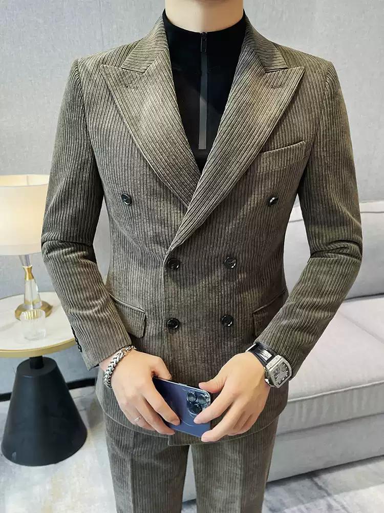 Chic Men's Double - breasted Corduroy Suit in Taupe ,XZ006