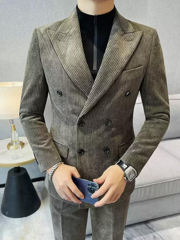 Chic Men's Double - breasted Corduroy Suit in Taupe ,XZ006