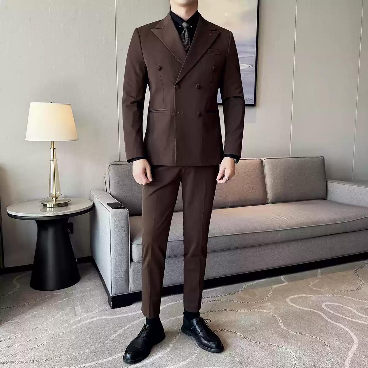 Dapper Men's Three - Piece Brown Suit with Double - breasted Blazer , XZ007