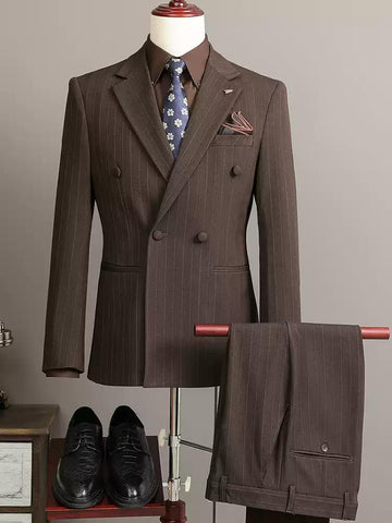 Classic Men's Double - breasted Brown Pinstripe Suit Set , XZ004
