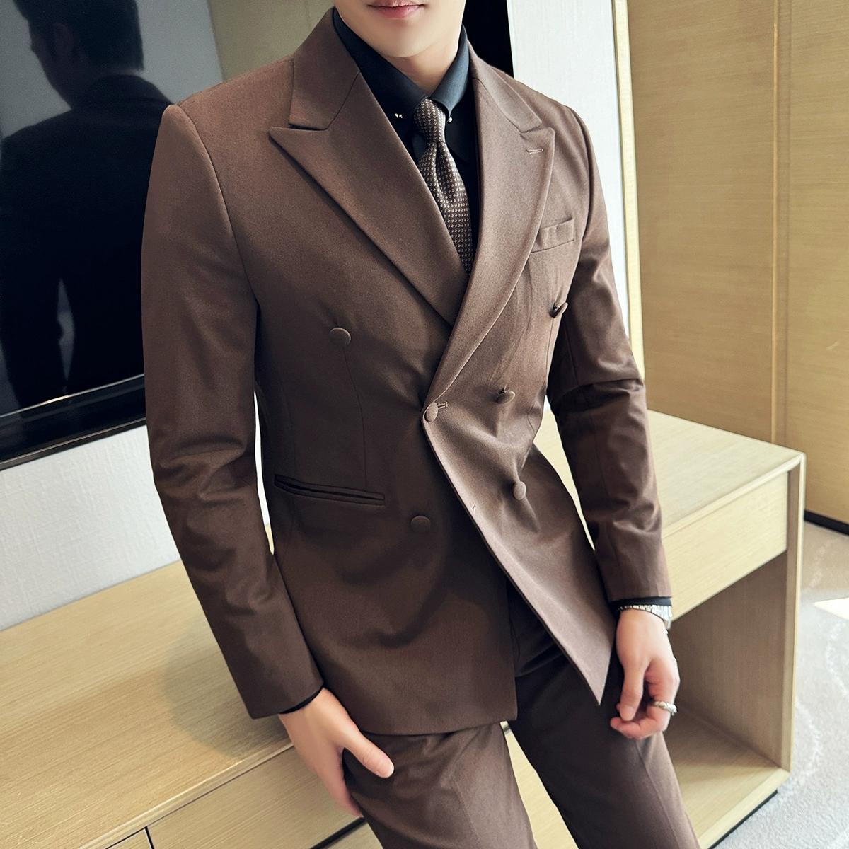 Dapper Men's Three - Piece Brown Suit with Double - breasted Blazer , XZ007