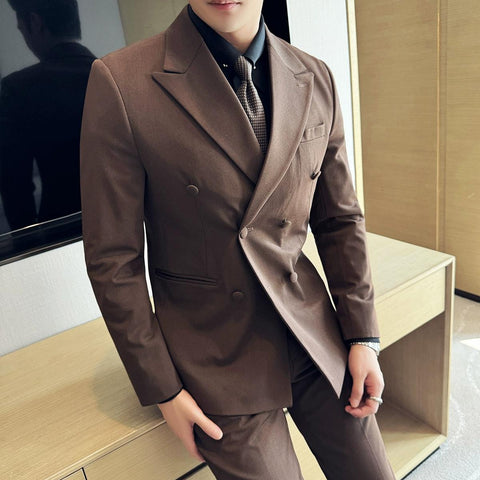 Dapper Men's Three - Piece Brown Suit with Double - breasted Blazer , XZ007