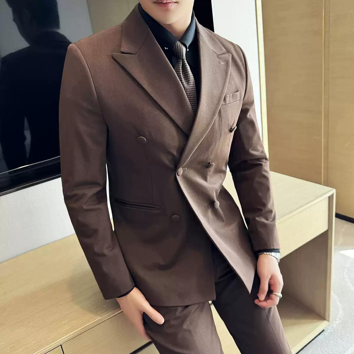Dapper Men's Three - Piece Brown Suit with Double - breasted Blazer , XZ007