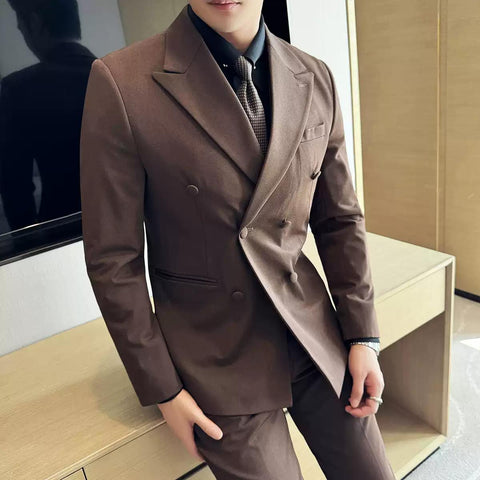 Dapper Men's Three - Piece Brown Suit with Double - breasted Blazer , XZ007