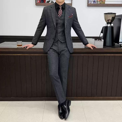 Elegant Men's Three - Piece Grey Tweed Suit , XZ010