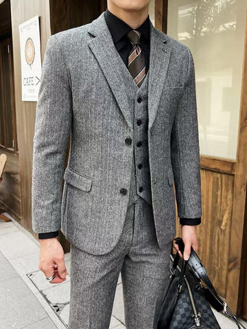 Elegant Men's Three - Piece Grey Tweed Suit , XZ010