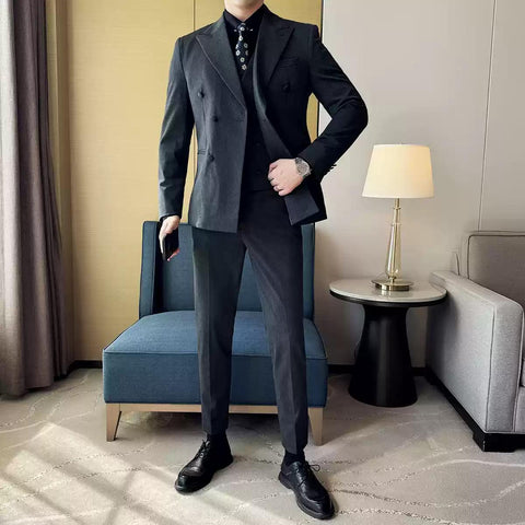Dapper Men's Three - Piece Brown Suit with Double - breasted Blazer , XZ007