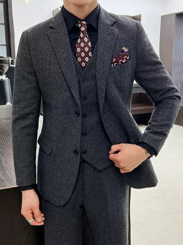Elegant Men's Three - Piece Grey Tweed Suit , XZ010