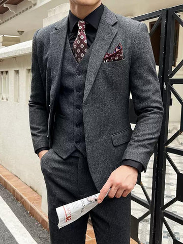 Elegant Men's Three - Piece Grey Tweed Suit , XZ010