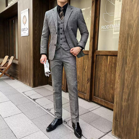 Elegant Men's Three - Piece Grey Tweed Suit , XZ010