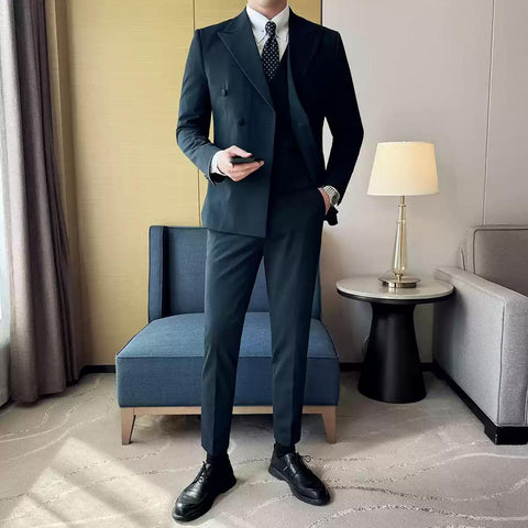 Dapper Men's Three - Piece Brown Suit with Double - breasted Blazer , XZ007