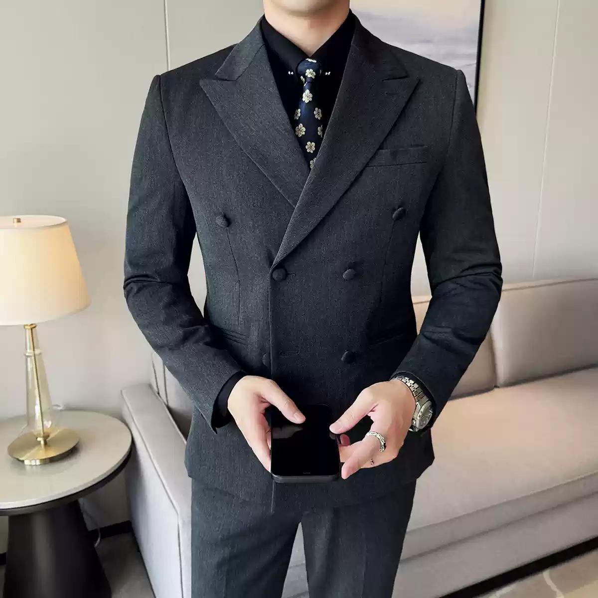 Dapper Men's Three - Piece Brown Suit with Double - breasted Blazer , XZ007