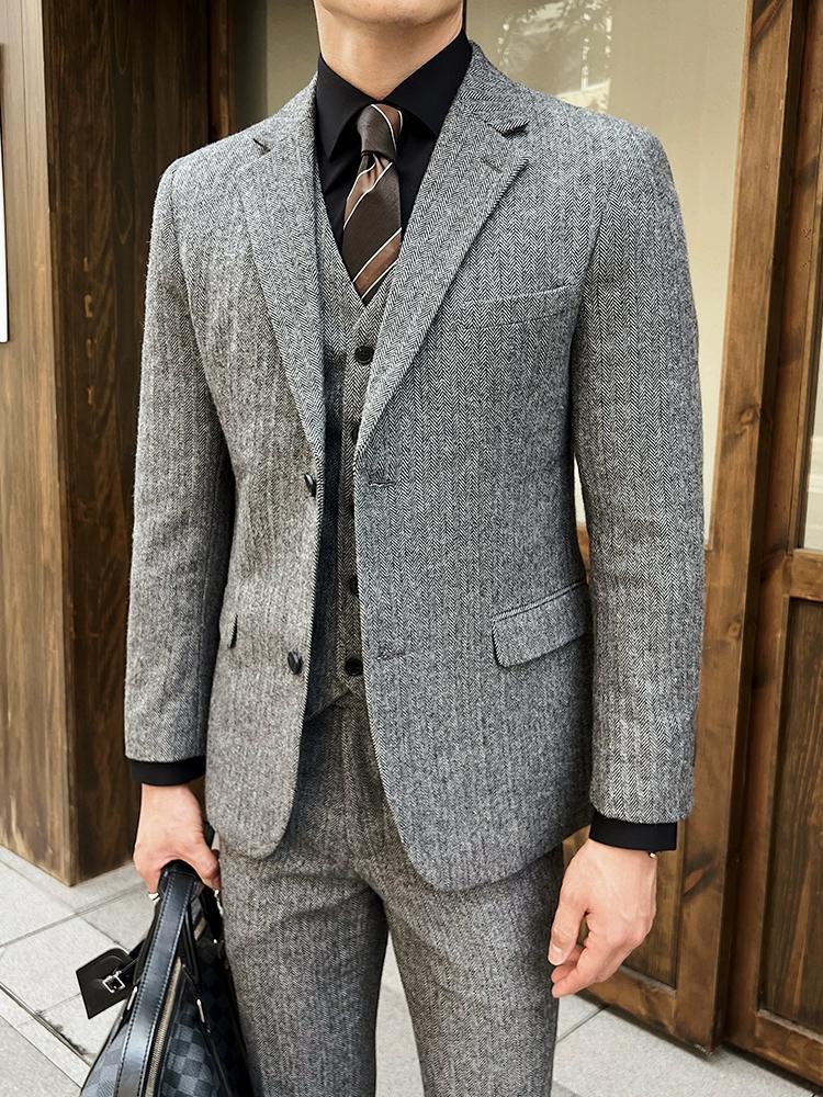 Elegant Men's Three - Piece Grey Tweed Suit , XZ010