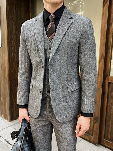 Elegant Men's Three - Piece Grey Tweed Suit , XZ010