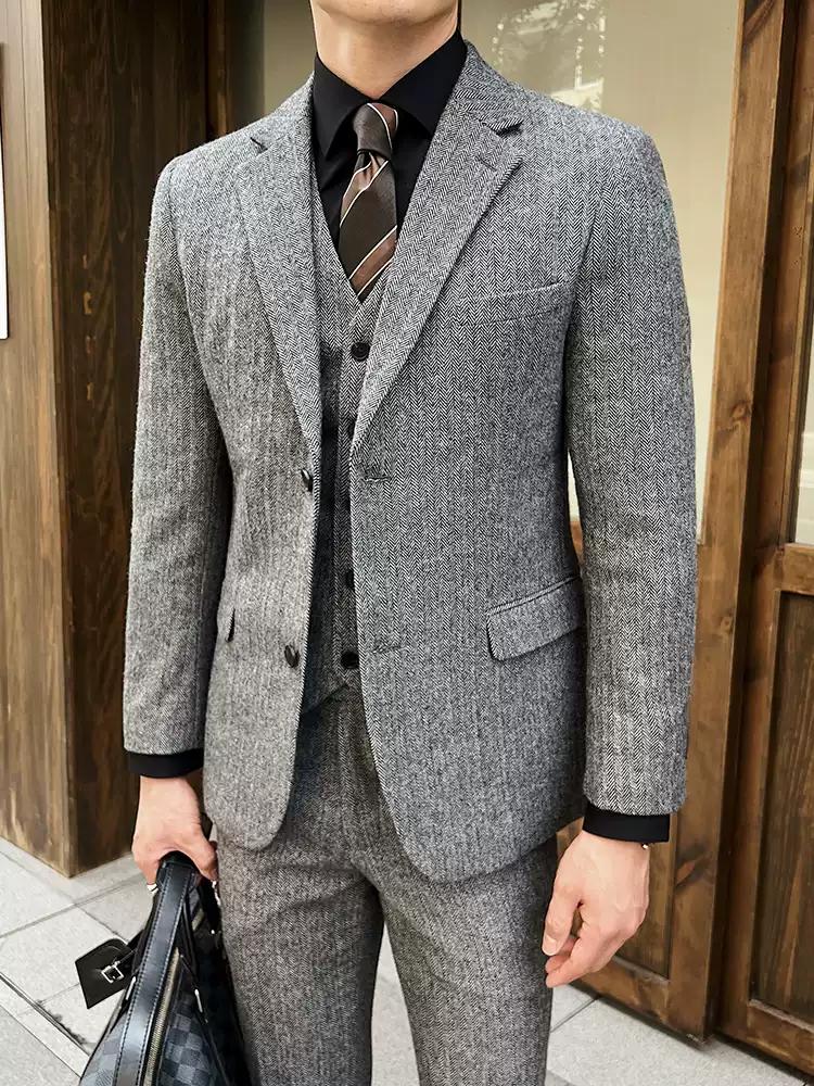 Elegant Men's Three - Piece Grey Tweed Suit , XZ010
