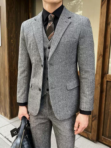 Elegant Men's Three - Piece Grey Tweed Suit , XZ010