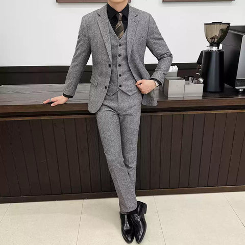 Elegant Men's Three - Piece Grey Tweed Suit , XZ010