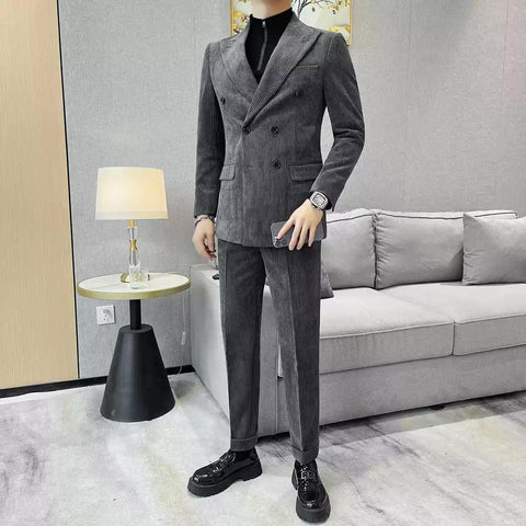 Chic Men's Double - breasted Corduroy Suit in Taupe ,XZ006