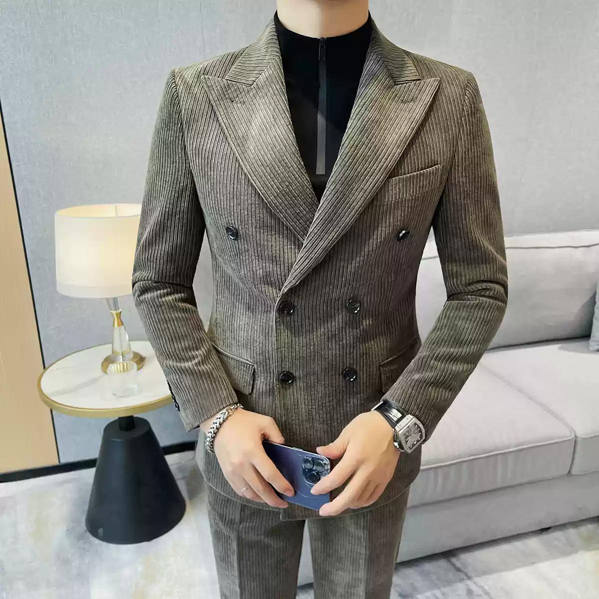 Chic Men's Double - breasted Corduroy Suit in Taupe ,XZ006